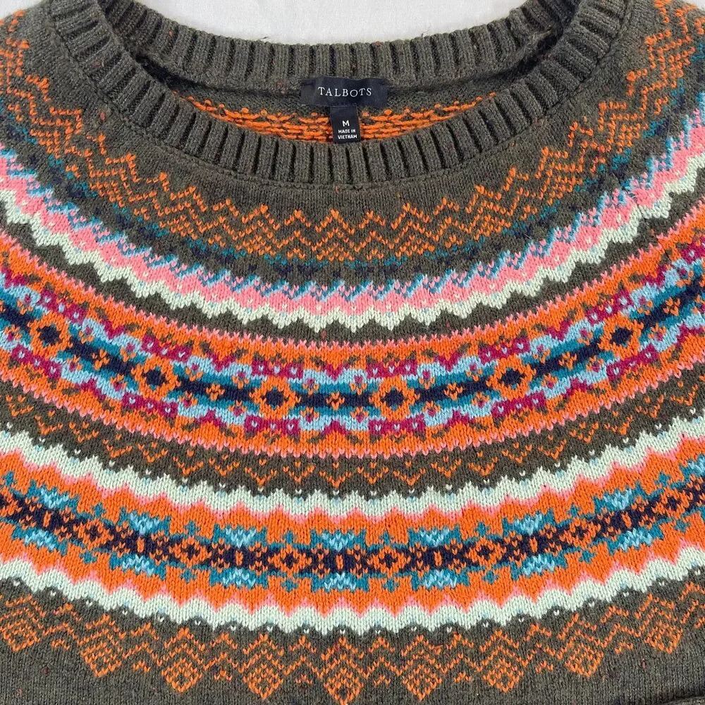 Talbots Fair Isle Knit Circular Yoke Sweater M Olive Orange Crewneck Cabin Fall